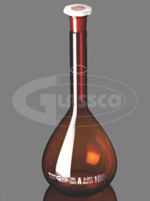 Amber Volumetric Flask, Class-A, With PE Stopper, Batch Certificate, ISO