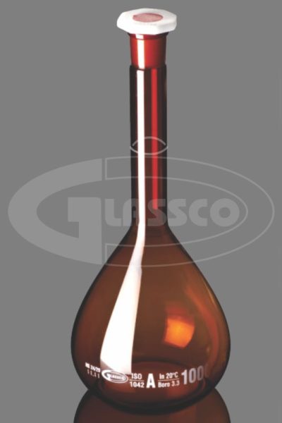 Amber Volumetric Flask Class-A With PE Stopper Batch Certificate ISO